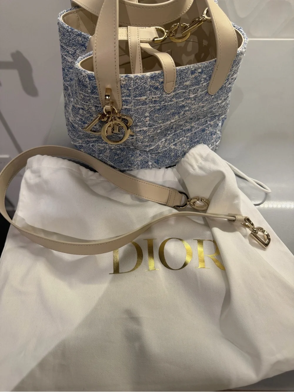 Dior Small Toujours Vertical Tote Bag Blue Tweed & Beige Leather NWT